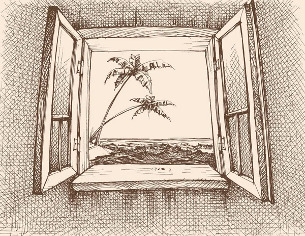 Vista al mar desde ventana vector dibujo a mano — Vector de stock