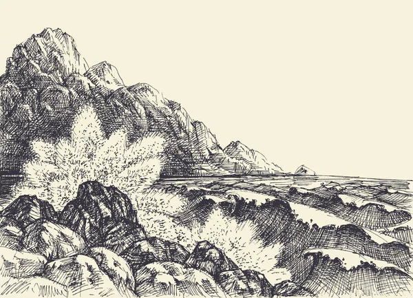 Море или океан, рисование руками, волны, разбивающиеся на берегу — стоковый вектор