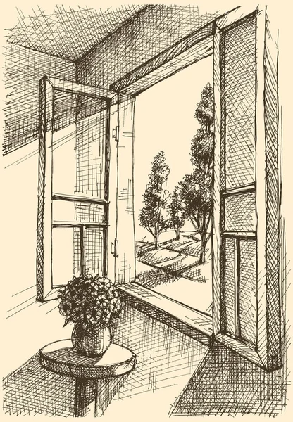 Bahçe görünümünden pencere vektör el çizimi — Stok Vektör