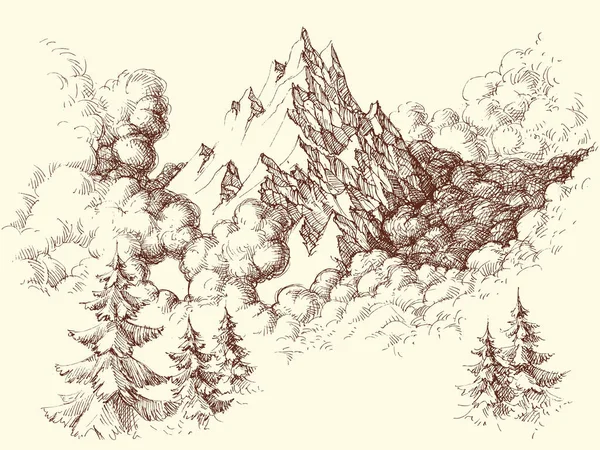 山々 をスケッチします。雲の山地手図面 — ストックベクタ