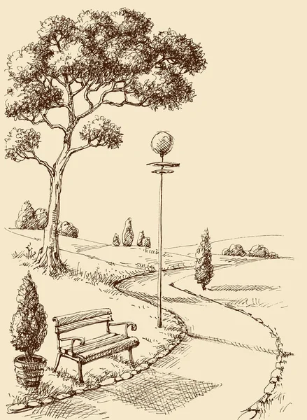 都市公園の路地とベンチ手描き — ストックベクタ