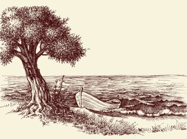 Zeytin ağacı ve deniz kıyısında bir tekne duvar kağıdı