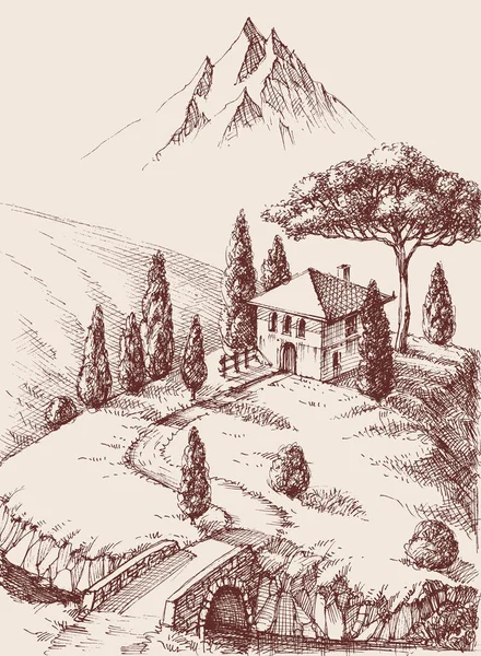 Alpine farmhand tekening. Bergen op de achtergrond — Stockvector