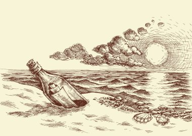 Message in a bottle hand drawing. A bottle with a letter on the beach clipart