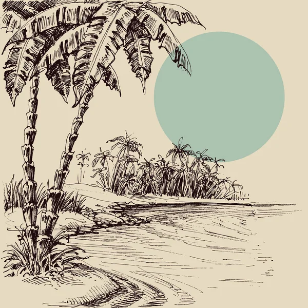 Vista al mar desde la playa de palmeras dibujo a mano — Vector de stock