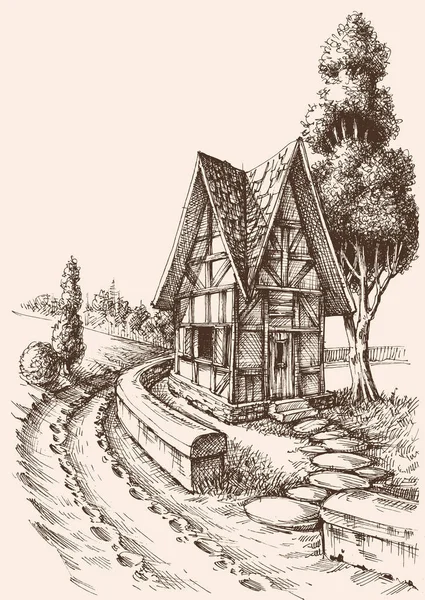 Dibujo artístico del campo. Bosquejo de camino rural y chalet — Archivo Imágenes Vectoriales