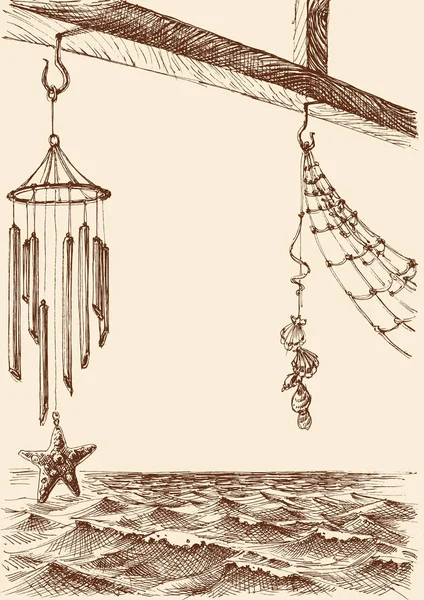 Wind chimes on the porch of a beach house. Sea view in the backg — Stock vektor