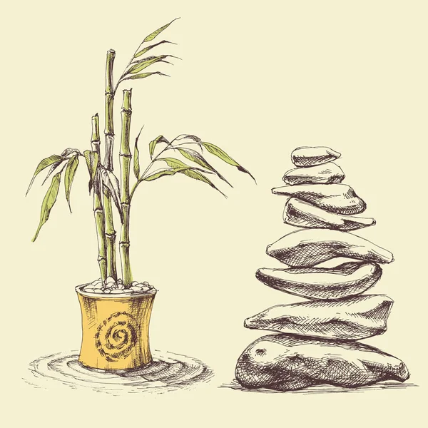 Conjunto de iconos de meditación, spa y relajación. Bambú y piedras zen — Vector de stock