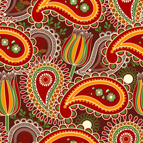 Paisley motif sans couture et tulipes sur fond sombre — Image vectorielle