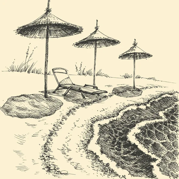 Ομπρέλες στην παραλία δίπλα στη θάλασσα. Καλοκαιρινό σχέδιο διακοπών — Διανυσματικό Αρχείο