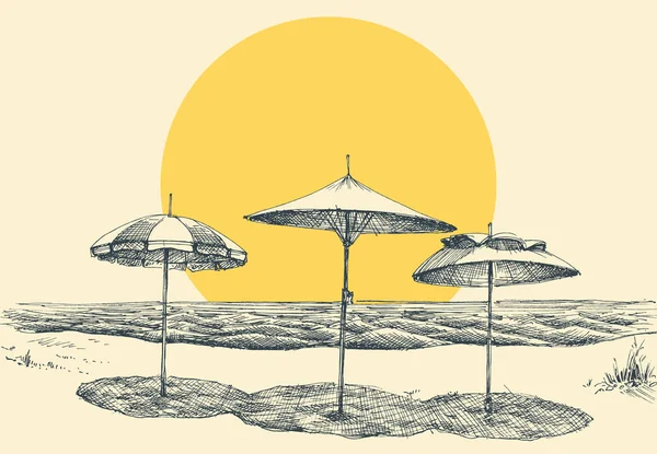 海滩和大海全景。海边海滩上的雨伞 — 图库矢量图片