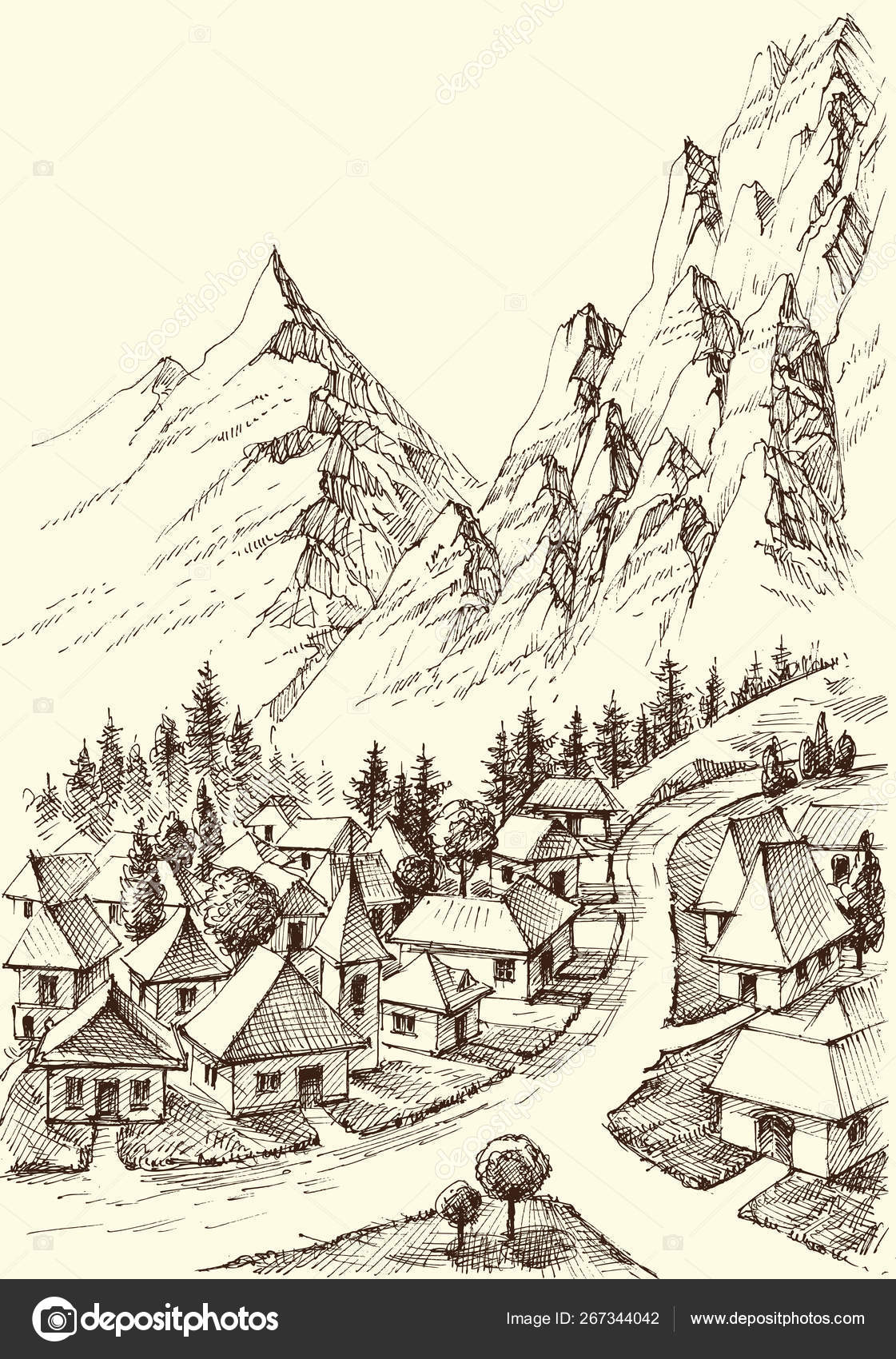 Simple Landscape Drawing: Village Mountain Nature