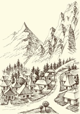 Dağlar köy el çizimi. Alp manzarası