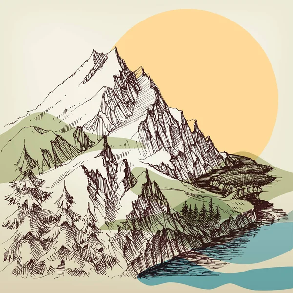 Alpin rivière paysage dessin à la main — Image vectorielle