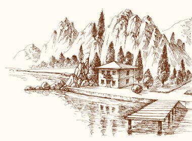 Alp tatil el çizim. Arka planda dağlar