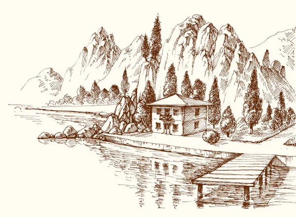 Dibujo a mano del resort alpino. Montañas en el fondo — Archivo Imágenes Vectoriales