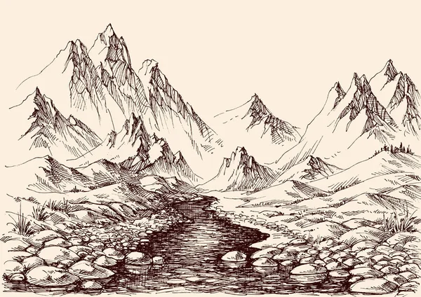 河流在山中流淌。手绘高山景观 — 图库矢量图片