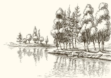 Göl kıyısındaki ağaçlar veya nehir kıyısı vektör çizimi