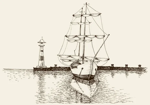 港の芸術的な手の描画のボート — ストックベクタ