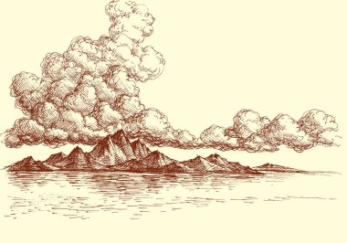 Dağ manzarası ve deniz manzarası, gökyüzü el çizim bulutlar