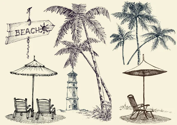Conjunto de elementos de diseño de verano, tumbonas y sombrillas de playa, palmeras — Archivo Imágenes Vectoriales