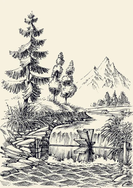 Горный речной ландшафт, водопад и водяная мельница — стоковый вектор