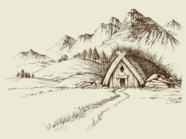 Natureza camping, cabana de montanha, mão desenhada paisagem natural —  Vetores de Stock