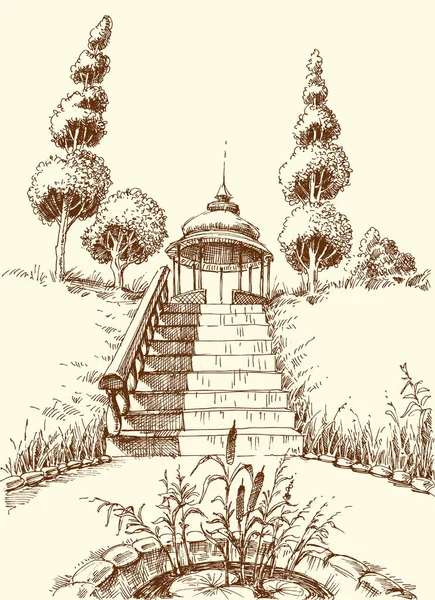 Parque o jardín dibujo a mano, escaleras a una fuente pública — Archivo Imágenes Vectoriales