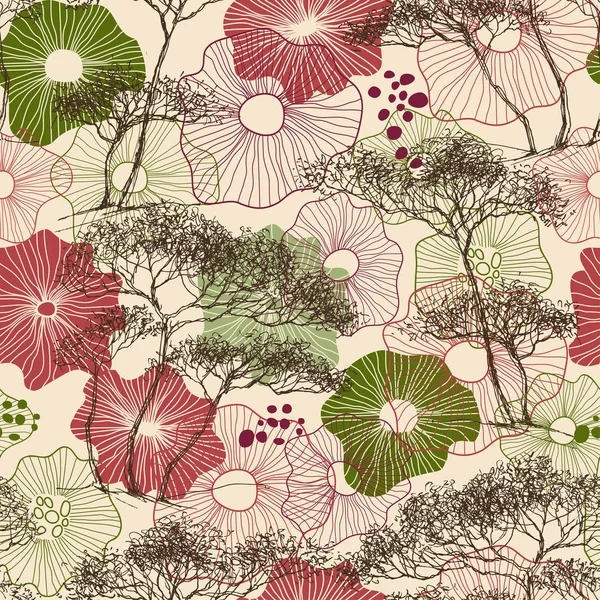 Träd och blommor sömlösa mönster, natur tryck — Stock vektor