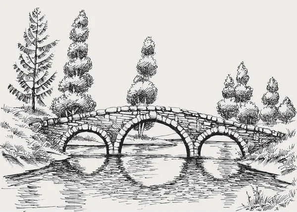 Ponte de pedra sobre rio mão paisagem desenhada —  Vetores de Stock