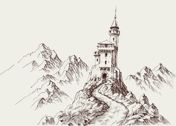 Un castillo en las montañas rocosas dibujo a mano — Vector de stock