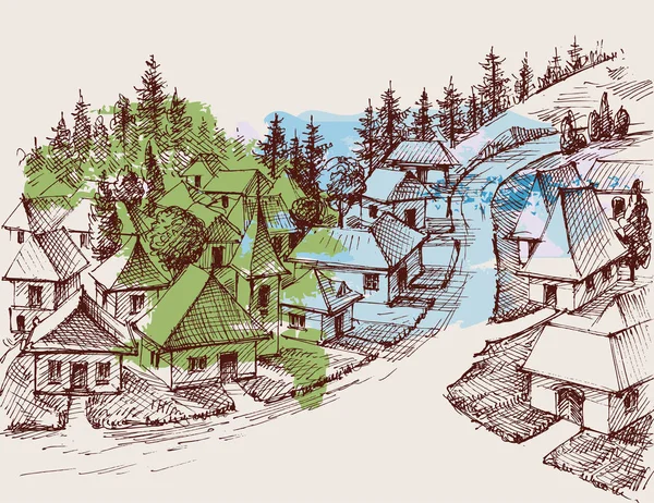 Kresba z vesnice, borovicový les v pozadí — Stockový vektor