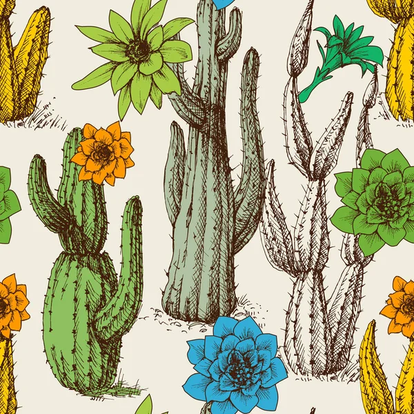 Cactus en flor patrón sin costura dibujado a mano — Vector de stock