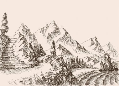 Dağlarda bir merdiven, alp manzarası ve deniz kıyısı