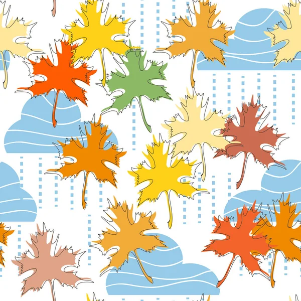 Fall seamless pattern, clouds, rain and maple leaf — Stock Vector