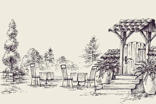 Restaurante terraza boceto, mesa al aire libre — Vector de stock