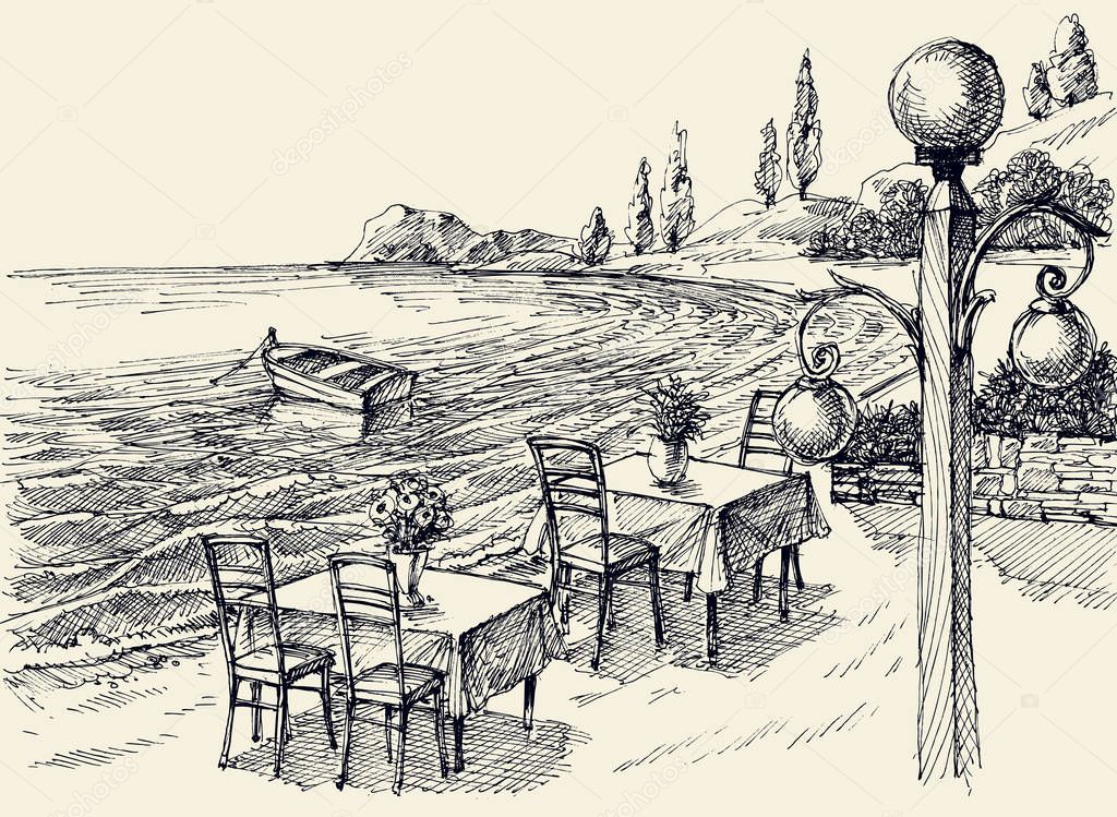 Restaurant terrace on the beach hand drawing