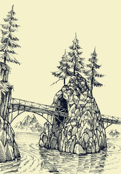 Ponte sul fiume mano disegno — Vettoriale Stock