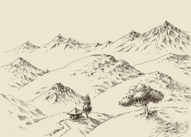 Nature drawing, mountains ranges sketch clipart