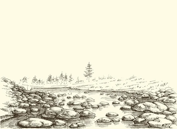 Dessin manuel de rivière de montagne. Frontière de débit d'eau — Image vectorielle