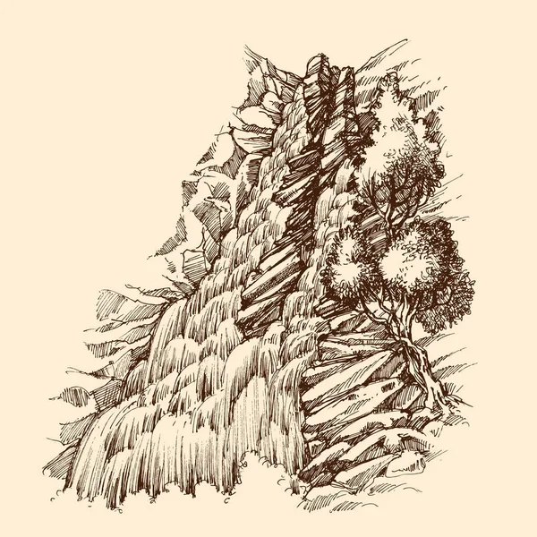 Waterval in rotsachtige bergen. Zuiver water cascade hand tekening — Stockvector