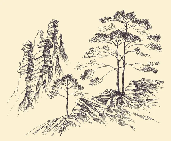 Montañas laderas y árboles alpinos paisaje — Archivo Imágenes Vectoriales