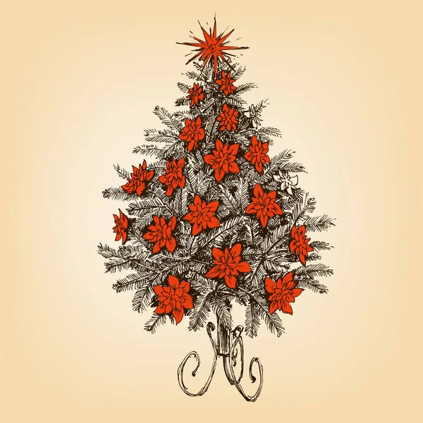 レトロなクリスマスツリーの手描き。クリスマスの花飾り — ストックベクタ