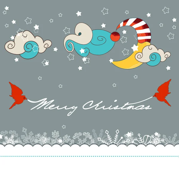 Χριστουγεννιάτικη ευχετήρια κάρτα. Χιόνι και χαριτωμένα πουλιά σκηνή — Διανυσματικό Αρχείο