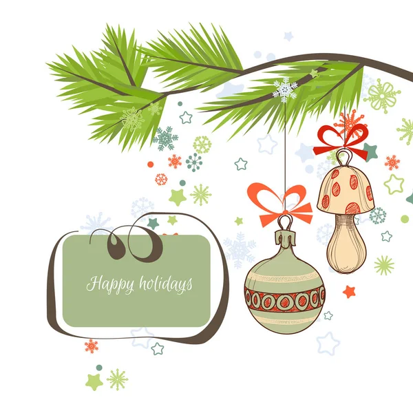 Χριστουγεννιάτικο φόντο, πεύκο δέντρο κλαδί και χαριτωμένα στολίδια διακοπών. — Διανυσματικό Αρχείο