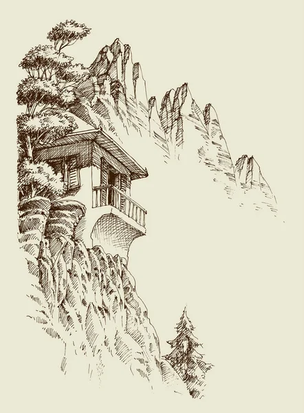 Fondo del boceto alpino. Cabaña de montaña, bosque de pinos — Vector de stock
