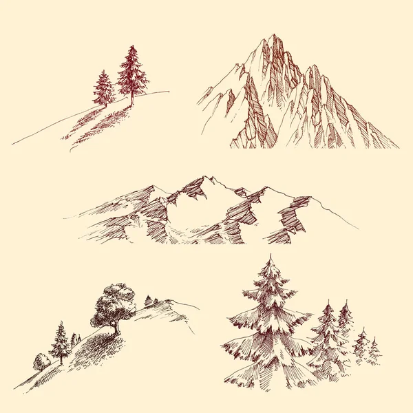 Conjunto Elementos Diseño Naturaleza Picos Montaña Laderas Colinas Pinos — Vector de stock