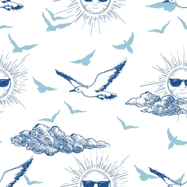 Modèle Sans Couture Ciel Été Lunettes Soleil Nuages Oiseaux Vol — Image vectorielle