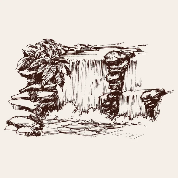 Водопад Речном Ручном Рисунке — стоковый вектор