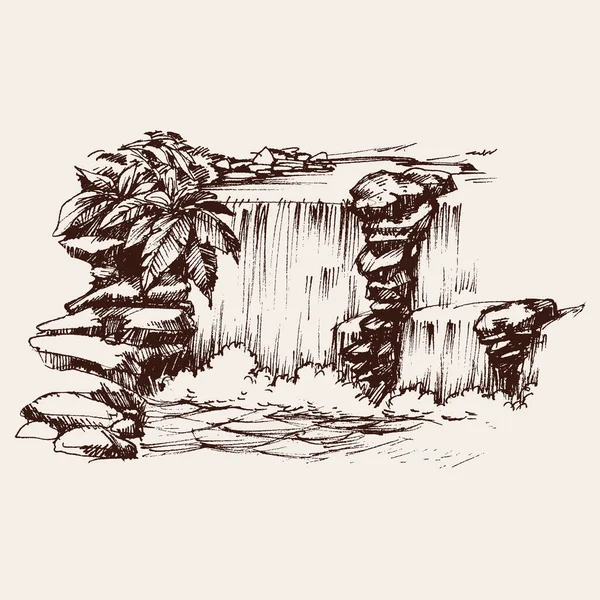 Waterval Een Rivier Hand Tekening Ontwerp Element — Stockvector